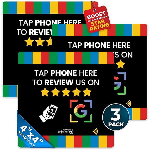 Review Plate NFC Tap Acrylic Display - Effortless Feedback Collection, Quick Activation, Small Business, Compatible with Google - Seamless Connectivity for Business or Personal Use - Black, Pack of 3