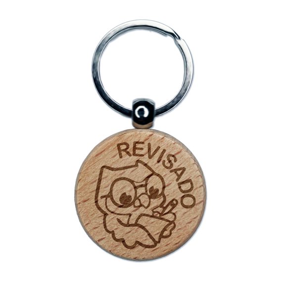 Revisado Owl Spanish Homework Revised Engraved Wood Round Keychain Tag Charm