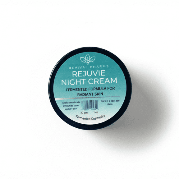 Revival Pharms Rejuvie Night Cream, Fermented Formula for Radiant Skin with Royal Jelly and Collagen, Natural Probiotic-Rich Moisturizer, 30g/1oz