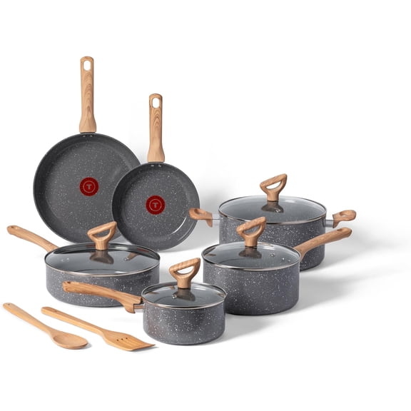 Revive Ceramic Cookware Sets, Pots and Pans Set Nonstick, (12 pieces), Ceramic Non stick Coated, Frying Pan, Oven Safe Up To 350F, Grey Granite