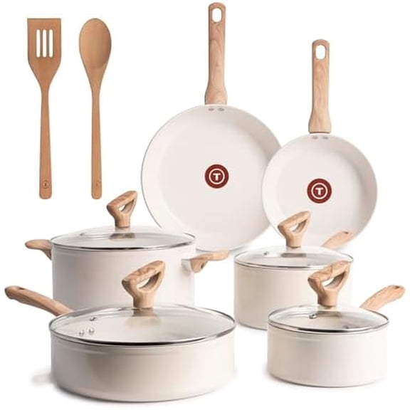 Revive Ceramic Nonstick Cookware Set, Oven Safe Up to 350ºF, 12-Piece, Includes Stockpot, Saucepan, Skillet, Frying Pans, Utensils, Ceramic Pots and Pans Set, Beige Granite
