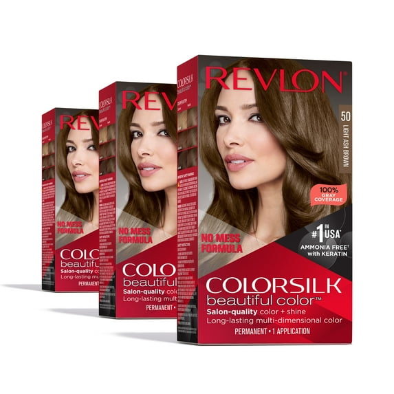 Revlon ColorSilk Beautiful Color Permanent Hair Color 3 Pack, Light Ash Brown, 3 Pack