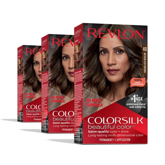 Revlon ColorSilk Beautiful Color Permanent Hair Color 3 Pack, Medium Ash Brown, 3 Pack