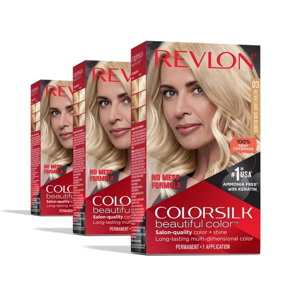 Revlon ColorSilk Beautiful Color Permanent Hair Color 3 Pack, Ultra Light Sun Blonde, 3 Pack