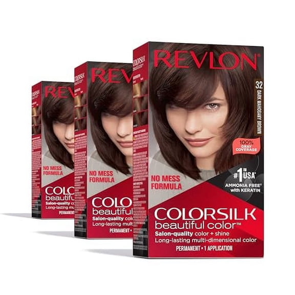 Revlon ColorSilk Beautiful Color Permanent Hair Color, Long-Lasting High-Definition Color, Shine & Silky Softness with 100% Gray Coverage, Ammonia Free, 32 Dark Mahogany Brown, 3 Pack