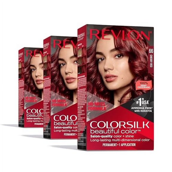 Revlon ColorSilk Beautiful Color Permanent Hair Color, Long-Lasting High-Definition Color, Shine & Silky Softness with 100% Gray Coverage, Ammonia Free, 66 Cherry Red, 3 Pack