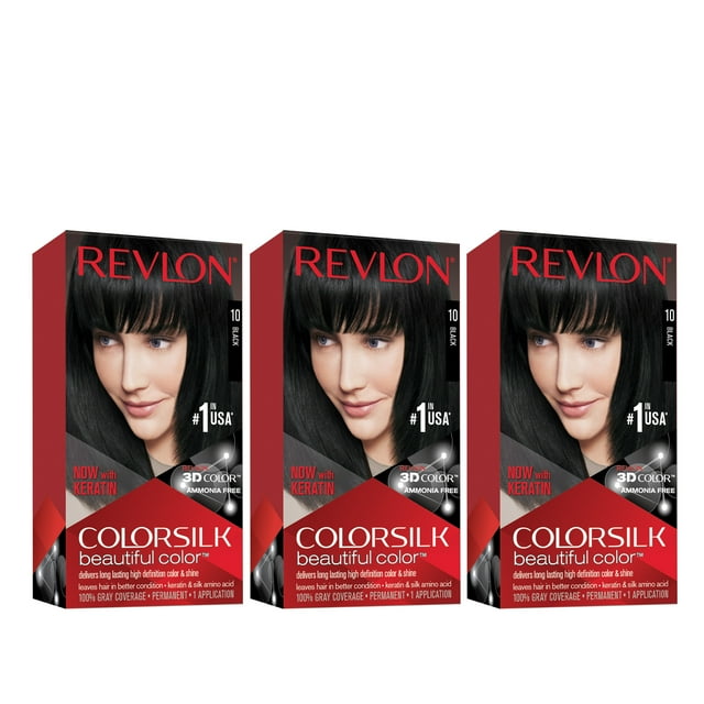 Revlon ColorSilk Beautiful Permanent Hair Dye, Dark Brown, At Home Full Coverage Application Kit, 10 Black, 3 Pack