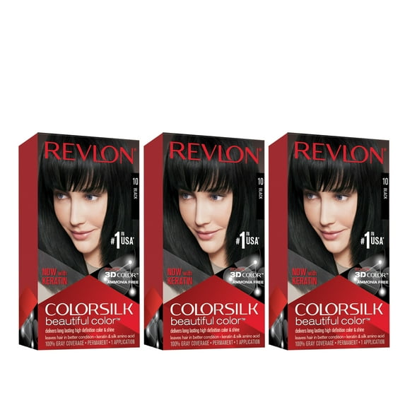 Revlon ColorSilk Beautiful Permanent Hair Dye, Dark Brown, At Home Full Coverage Application Kit, 10 Black, 3 Pack