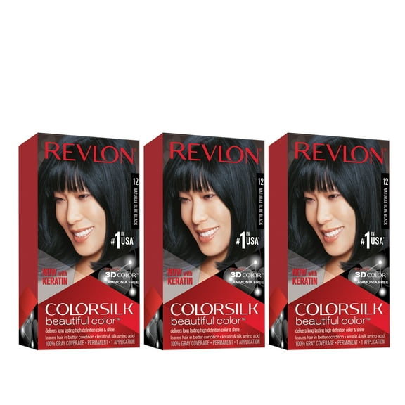 Revlon ColorSilk Beautiful Permanent Hair Dye, Dark Brown, At Home Full Coverage Application Kit, 12 Natural Blue Black, 3 Pack