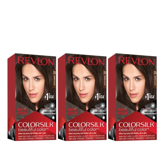 Revlon ColorSilk Beautiful Permanent Hair Dye, Dark Brown, At Home Full Coverage Application Kit, 20 Black Brown, 3 Pack