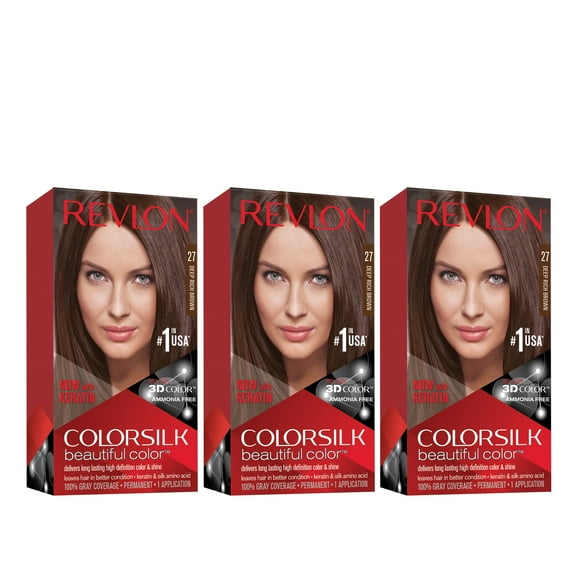 Revlon ColorSilk Beautiful Permanent Hair Dye, Dark Brown, At Home Full Coverage Application Kit, 27 Deep Rich Brown, 3 Pack