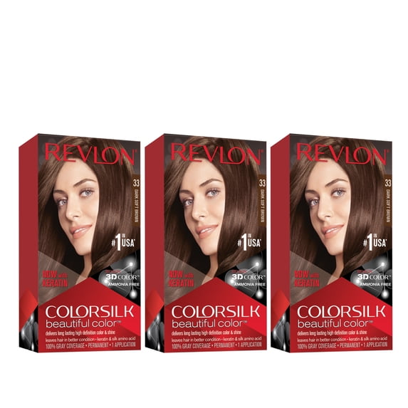 Revlon ColorSilk Beautiful Permanent Hair Dye, Dark Brown, At Home Full Coverage Application Kit, 33 Dark Soft Brown, 3 Pack