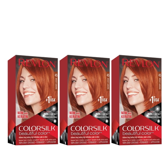 Revlon ColorSilk Beautiful Permanent Hair Dye, Dark Brown, At Home Full Coverage Application Kit, 45 Bright Auburn, 3 Pack