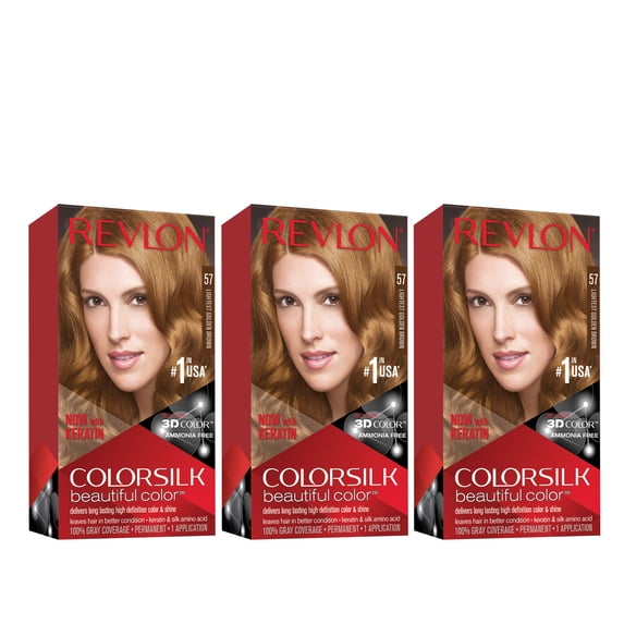 Revlon ColorSilk Beautiful Permanent Hair Dye, Dark Brown, At Home Full Coverage Application Kit, 57 Lightest Golden Brown, 3 Pack