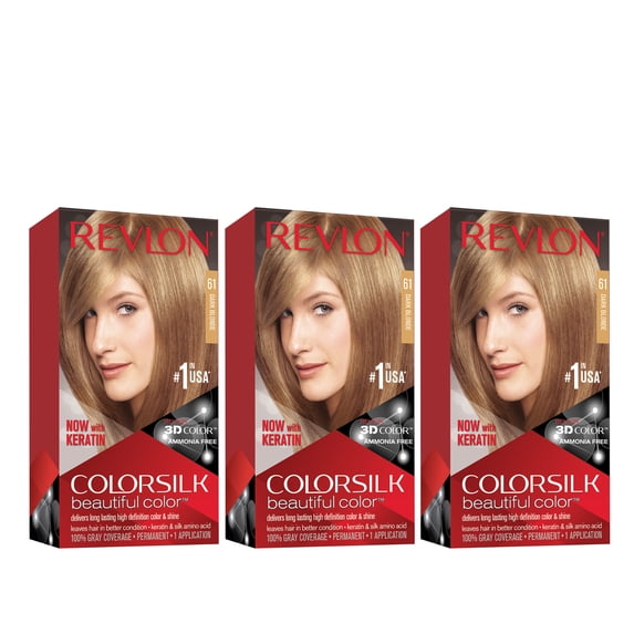 Revlon ColorSilk Beautiful Permanent Hair Dye, Dark Brown, At Home Full Coverage Application Kit, 61 Dark Blonde, 3 Pack