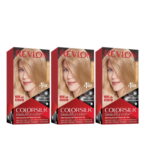 Revlon ColorSilk Beautiful Permanent Hair Dye, Dark Brown, At Home Full Coverage Application Kit, 70 Medium Ash Blonde, 3 Pack