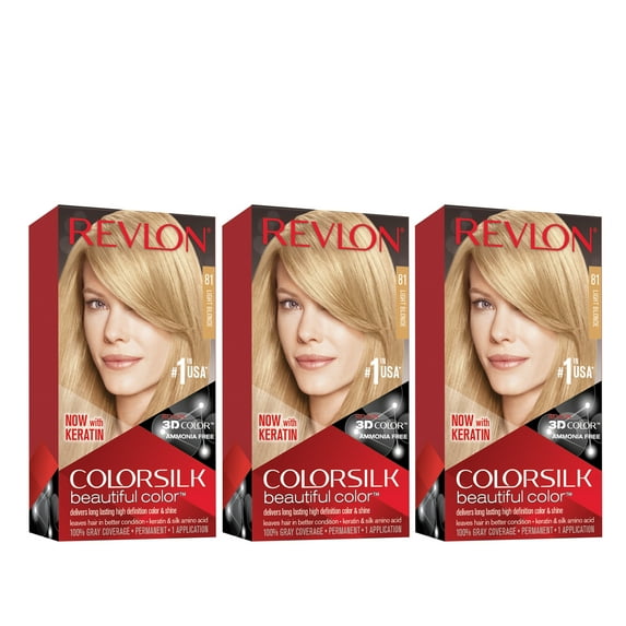 Revlon ColorSilk Beautiful Permanent Hair Dye, Dark Brown, At Home Full Coverage Application Kit, 81 Light Blonde, 3 Pack