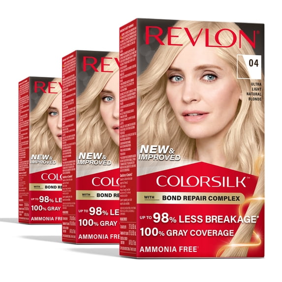 Revlon ColorSilk Permanent Hair Color, Bond Repair Complex, 04 Ultra Light Natural Blonde, 3 pack