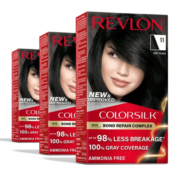 Revlon ColorSilk Permanent Hair Color, Bond Repair Complex, 11 Soft Black, 3 pack