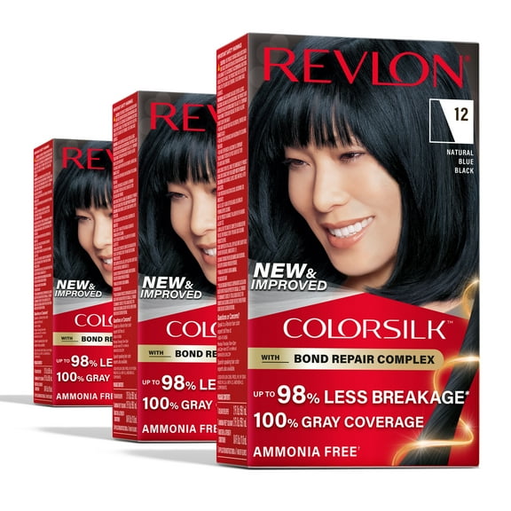 Revlon ColorSilk Permanent Hair Color, Bond Repair Complex, 12 Natural Blue Black, 3 pack