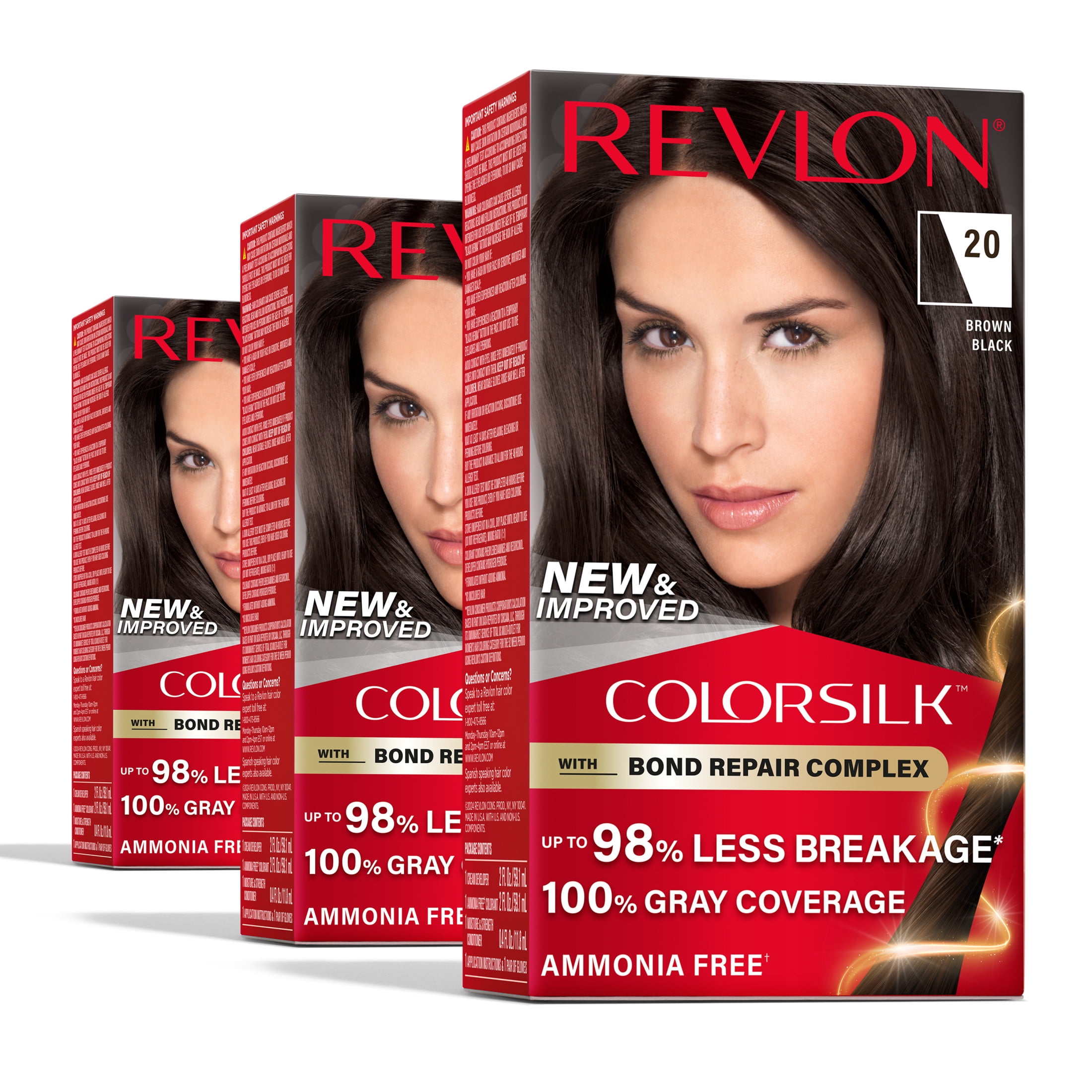 Revlon ColorSilk Permanent Hair Color, Bond Repair Complex, 20 Brown Black, 3 pack