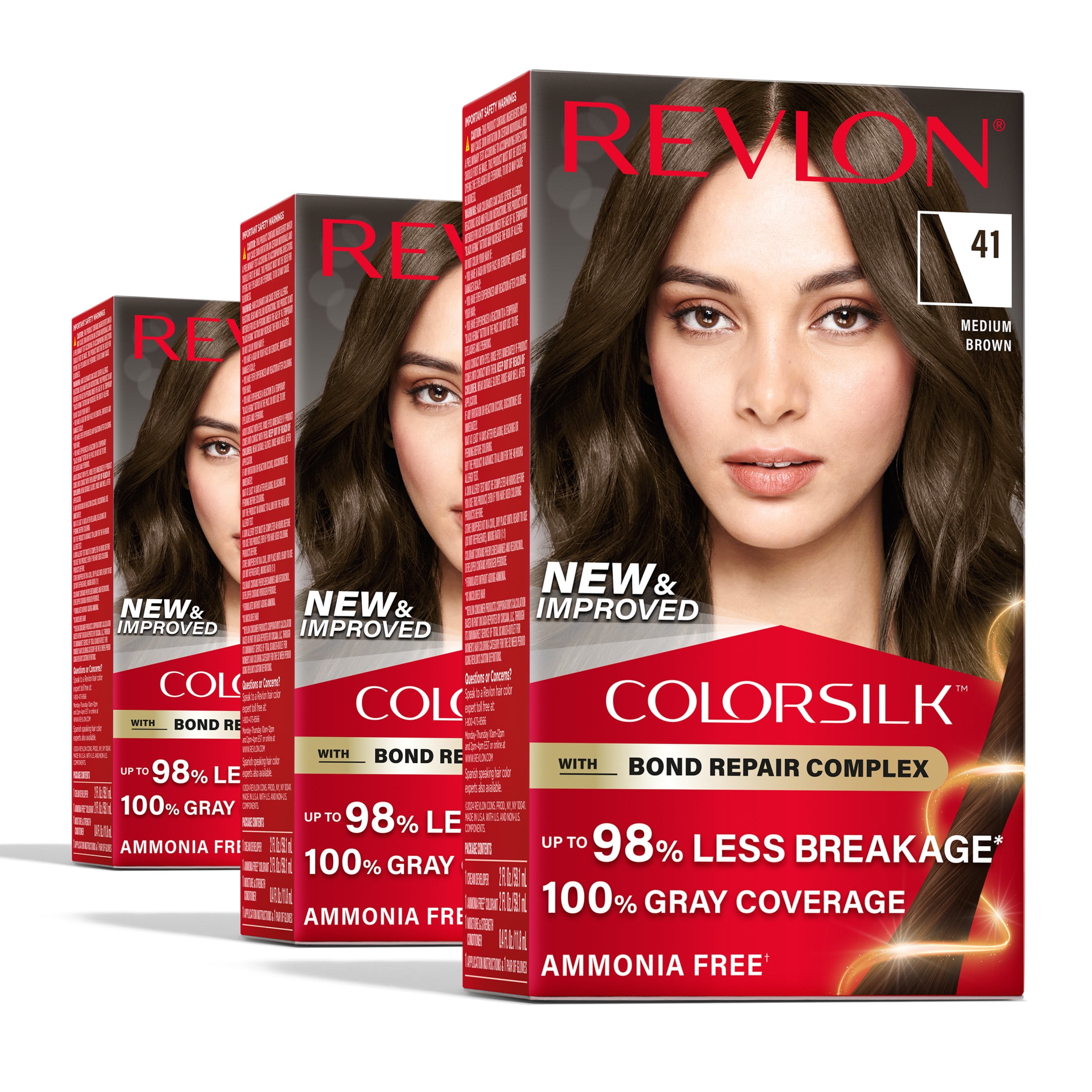 Revlon ColorSilk Permanent Hair Color, Bond Repair Complex, 41 Medium Brown, 3 pack