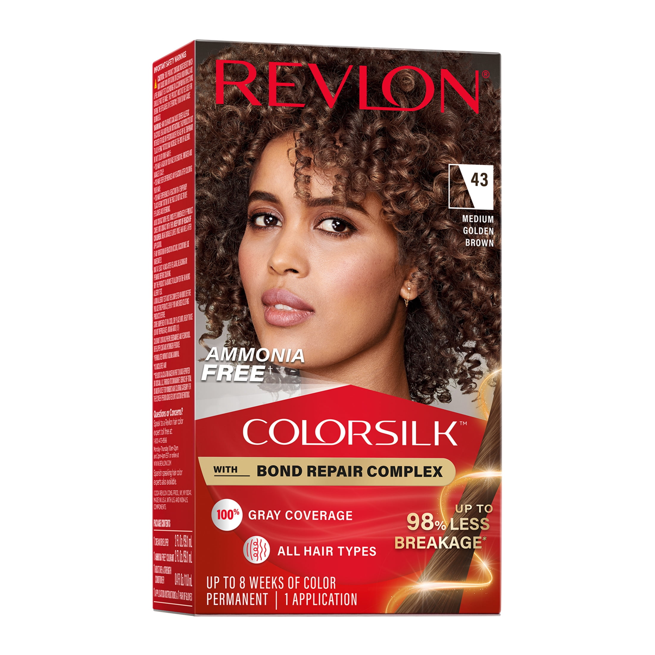 Revlon ColorSilk Permanent Hair Color, Bond Repair Complex, 43 Medium Golden Brown, 1 pack