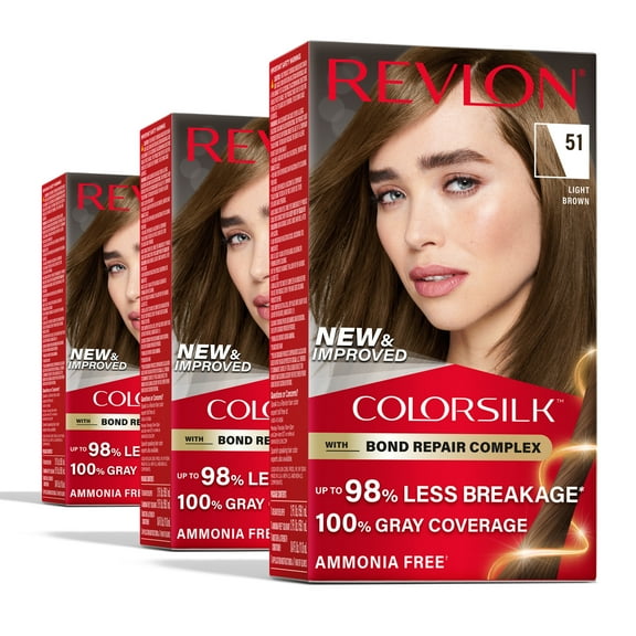 Revlon ColorSilk Permanent Hair Color, Bond Repair Complex, 51 Light Brown, 3 pack