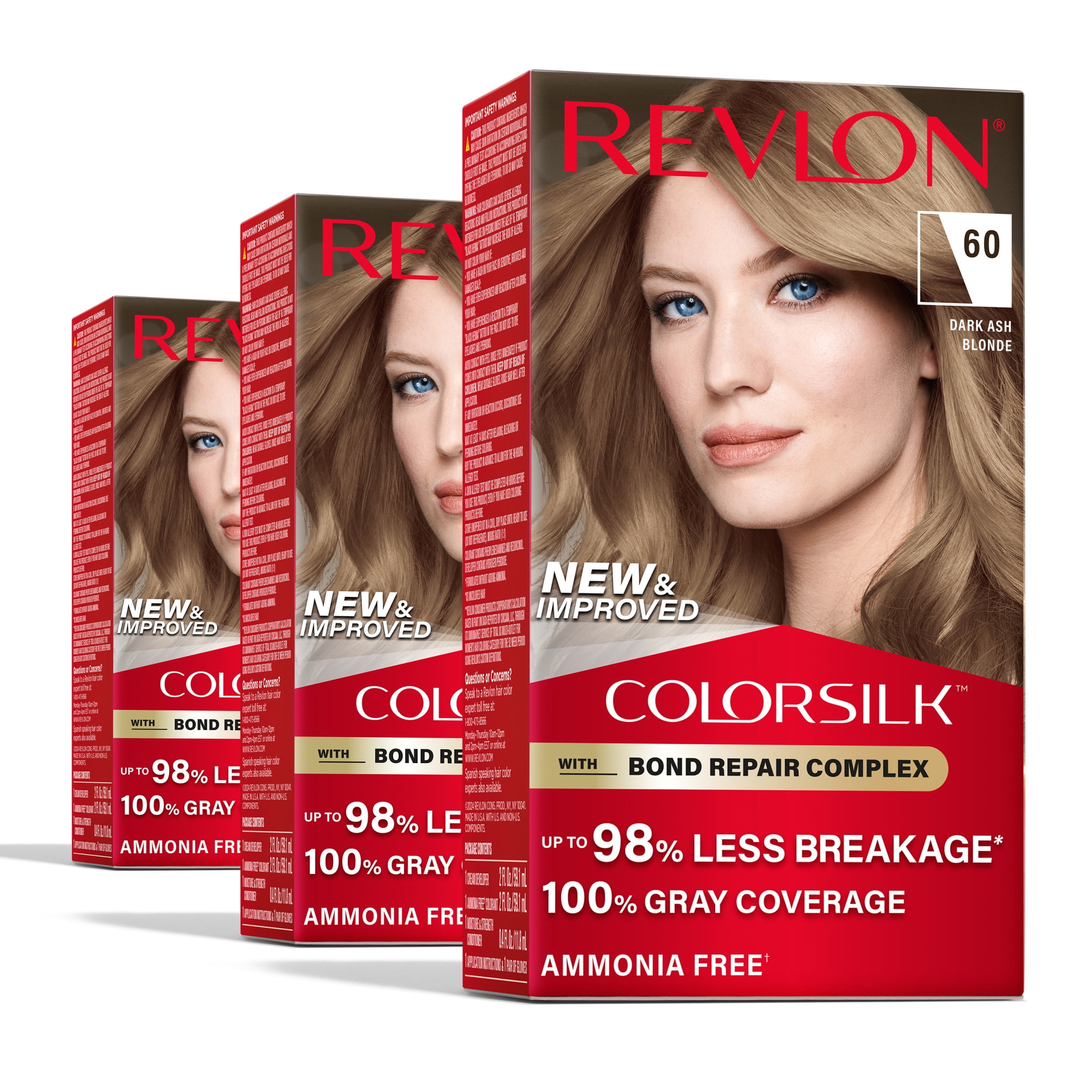 Revlon ColorSilk Permanent Hair Color, Bond Repair Complex, 60 Dark Ash Blonde, 3 pack