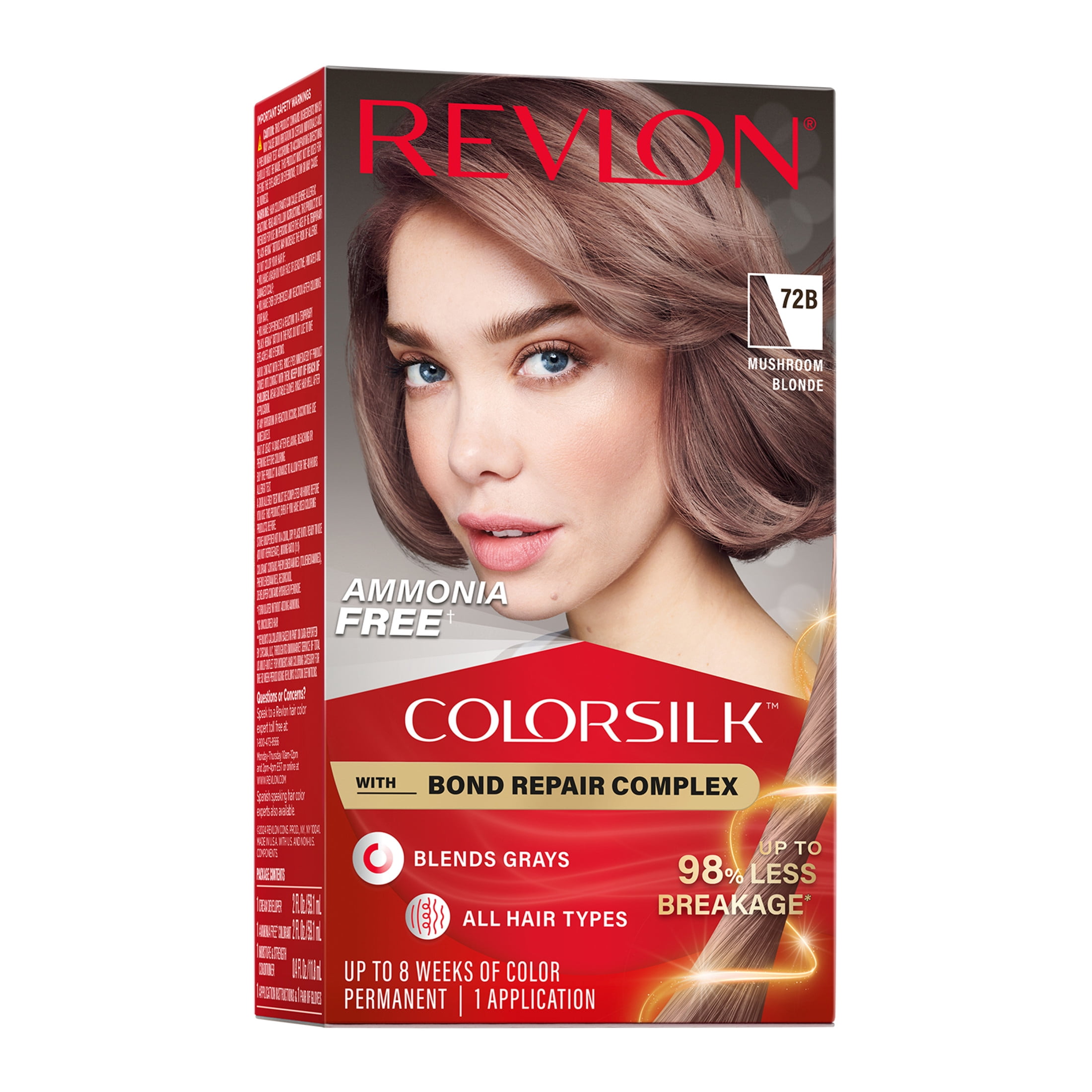 Revlon ColorSilk Permanent Hair Color, Bond Repair Complex, 72B Mushroom Blonde, 1 pack