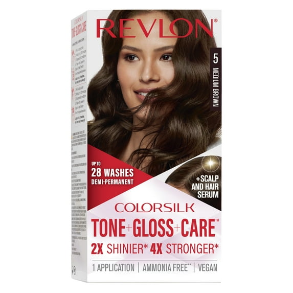 Revlon ColorSilk Tone + Gloss + Care Demi-Permanent Hair Color, 5 Medium Brown, 4.5 fl oz