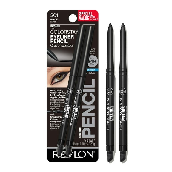 Revlon ColorStay Waterproof Eyeliner Pencil, Built-In Sharpener, 201 Black, 2 pack