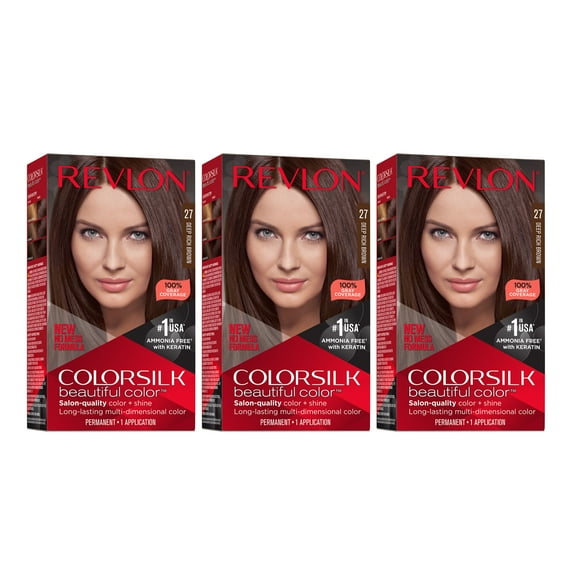 Revlon Colorsilk Beautiful Color Permanent Hair Color 3 Pack, 027 Deep Rich Brown, 3 Pack
