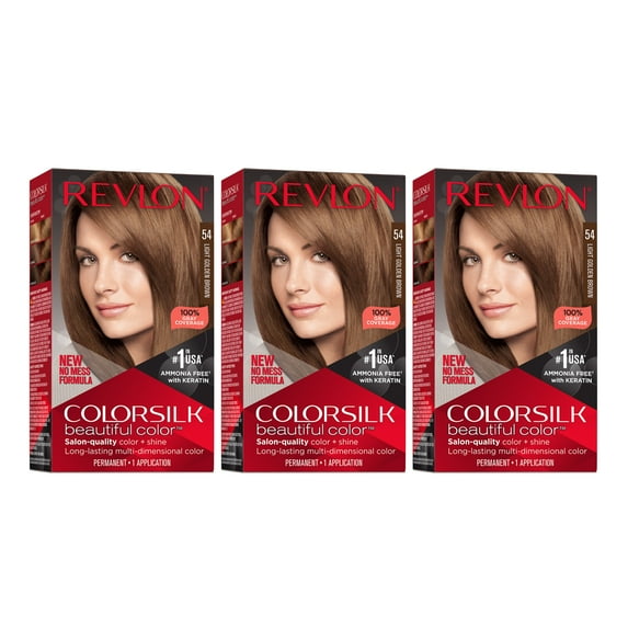 Revlon Colorsilk Beautiful Color Permanent Hair Color 3 Pack, 054 Light Golden Brown, 3 Pack