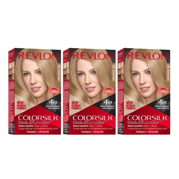 Revlon Colorsilk Beautiful Color Permanent Hair Color 3 Pack, 074 Medium Blonde, 3 Pack
