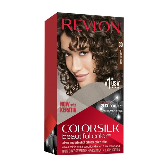Revlon Colorsilk Beautiful Color Permanent Hair Dye, Dark Brown, At-Home Full Coverage Application Kit, 30 Dark Brown, 1 count