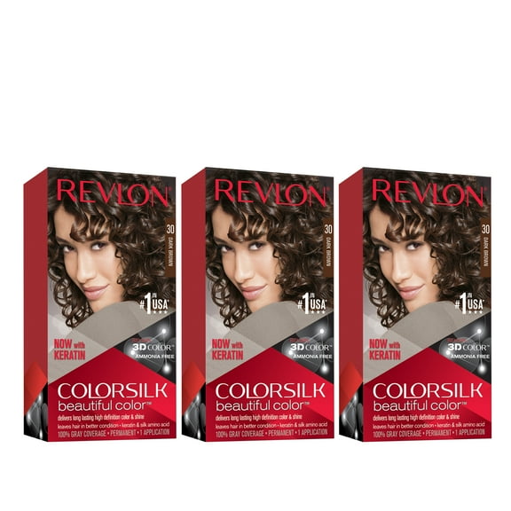 Revlon Colorsilk Beautiful Color Permanent Hair Dye, Dark Brown, At-Home Full Coverage Application Kit, 30 Dark Brown, 3 Pack
