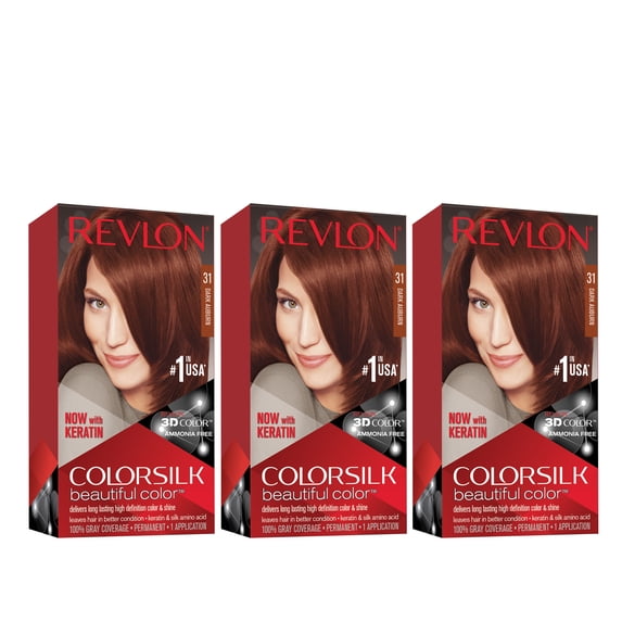 Revlon Colorsilk Beautiful Color Permanent Hair Dye, Dark Brown, At-Home Full Coverage Application Kit, 31 Dark Auburn, 3 Pack