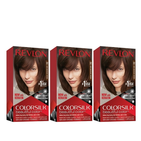 Revlon Colorsilk Beautiful Color Permanent Hair Dye, Dark Brown, At-Home Full Coverage Application Kit, 32 Dark Mahogany Brown, 3 Pack
