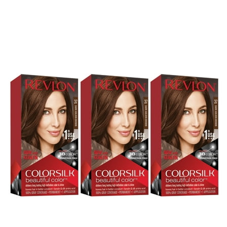 Revlon Colorsilk Beautiful Color Permanent Hair Dye, Dark Brown, At-Home Full Coverage Application Kit, 37 Dark Golden Brown, 3 Pack