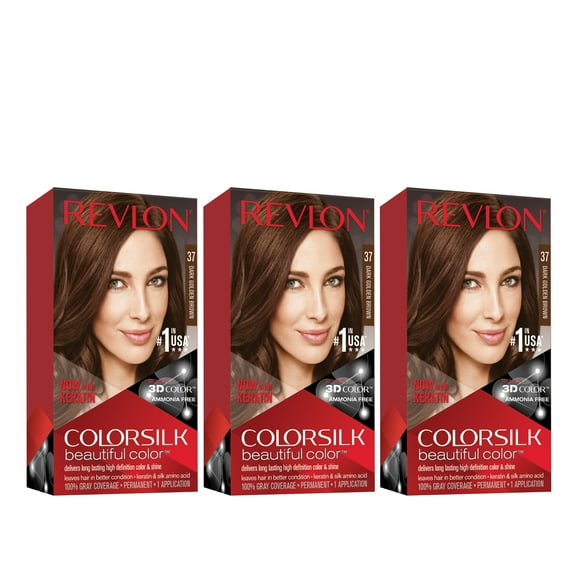 Revlon Colorsilk Beautiful Color Permanent Hair Dye, Dark Brown, At-Home Full Coverage Application Kit, 37 Dark Golden Brown, 3 Pack