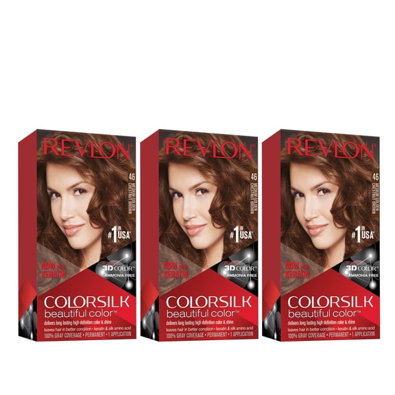 Revlon Colorsilk Beautiful Color Permanent Hair Dye, Dark Brown, At-Home Full Coverage Application Kit, 46 Medium Golden Chestnut Brown, 3 Pack