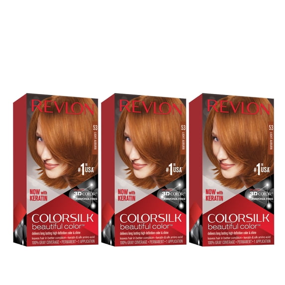 Revlon Colorsilk Beautiful Color Permanent Hair Dye, Dark Brown, At-Home Full Coverage Application Kit, 53 Light Auburn, 3 Pack