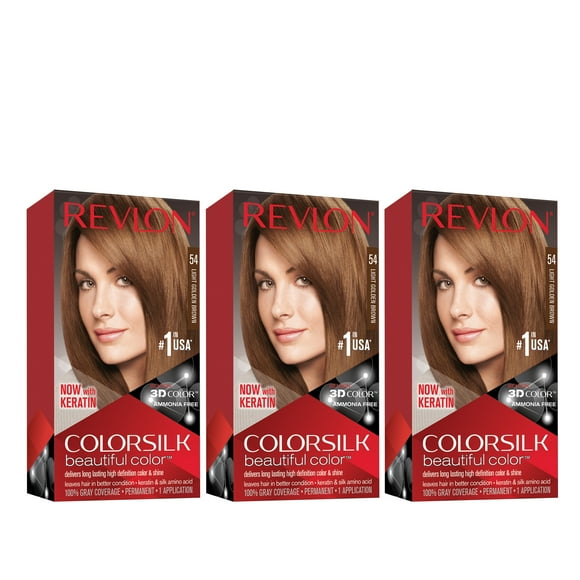 Revlon Colorsilk Beautiful Color Permanent Hair Dye, Dark Brown, At-Home Full Coverage Application Kit, 54 Light Golden Brown, 3 Pack