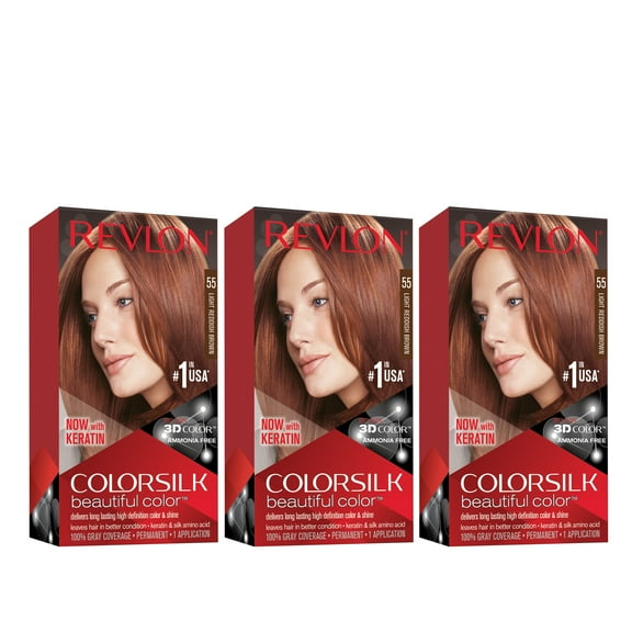 Revlon Colorsilk Beautiful Color Permanent Hair Dye, Dark Brown, At-Home Full Coverage Application Kit, 55 Light Reddish Brown, 3 Pack