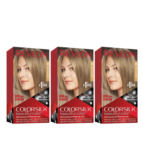 Revlon Colorsilk Beautiful Color Permanent Hair Dye, Dark Brown, At-Home Full Coverage Application Kit, 60 Dark Ash Blonde, 3 Pack