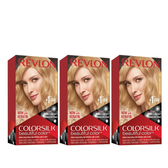 Revlon Colorsilk Beautiful Color Permanent Hair Dye, Dark Brown, At-Home Full Coverage Application Kit, 75 Warm Golden Blonde, 3 Pack
