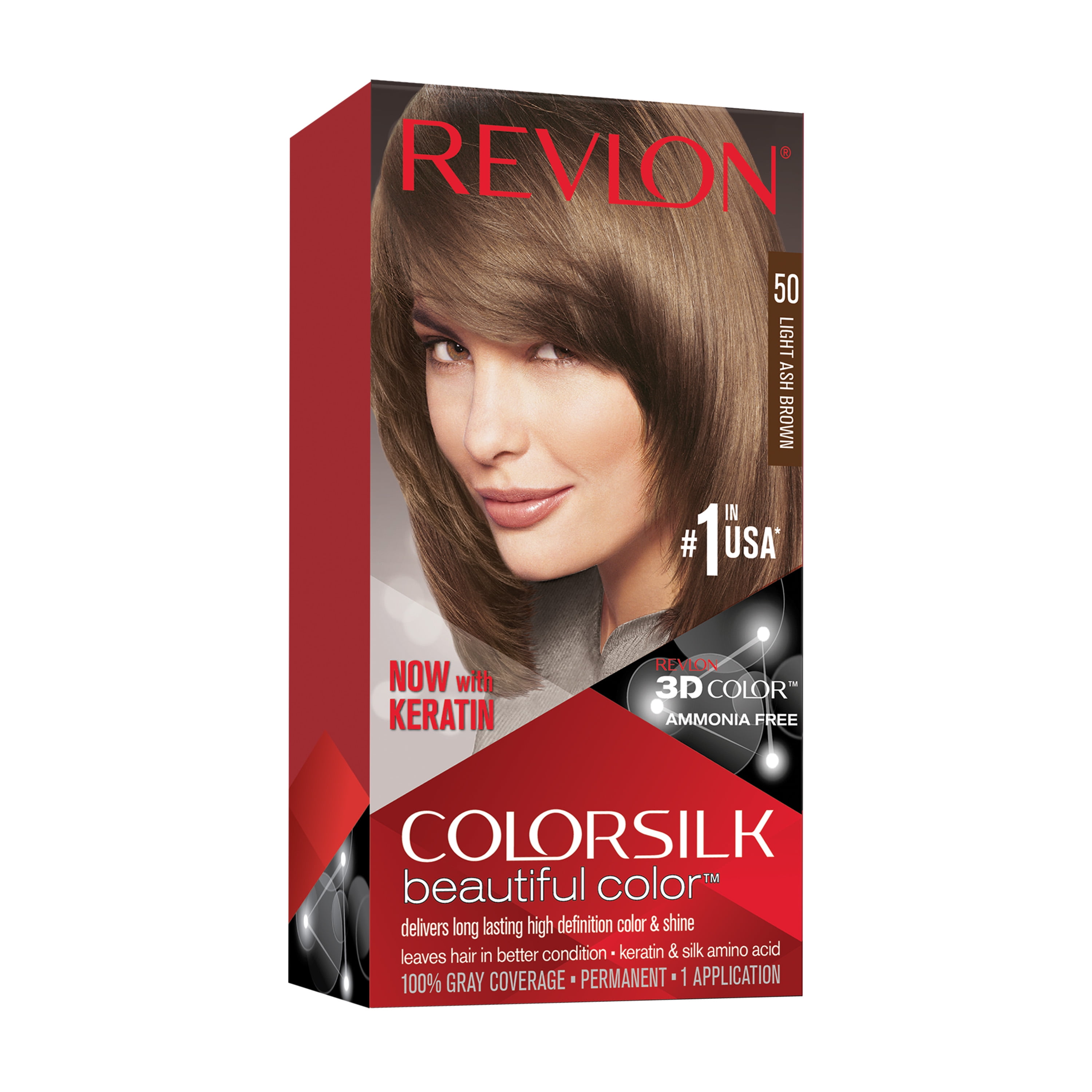 Revlon Colorsilk Beautiful Color, Permanent Hair Dye with Keratin, 100% Gray Coverage, Ammonia Free, 50 Light Ash Brown