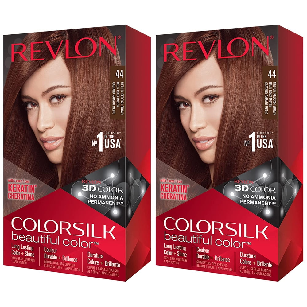 Revlon Colorsilk Beautiful Permanent Hair Color with 3D Gel Technology and Keratin, 100% Gray Coverage Dye, 44 Medium Reddish Brown, 2 Pack