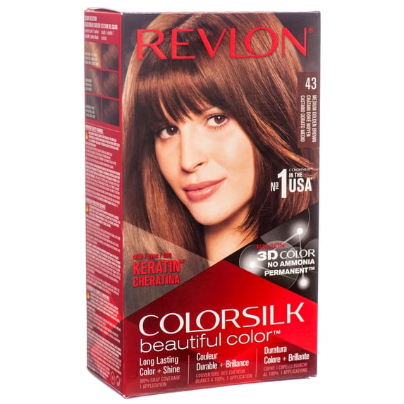 Revlon Colorsilk Beautiful Permanent Long Lasting Color Hair Dye with 3D Color and Keratin, 43 Medium Golden Brown, 12 PACK